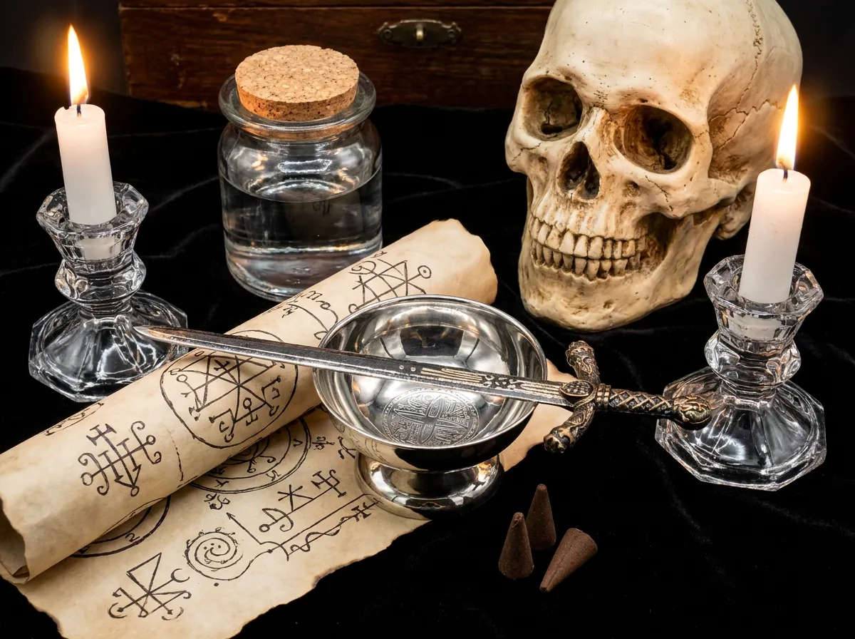 銀杯、蝋燭、ペンタクルなどの黒魔術儀式用品
